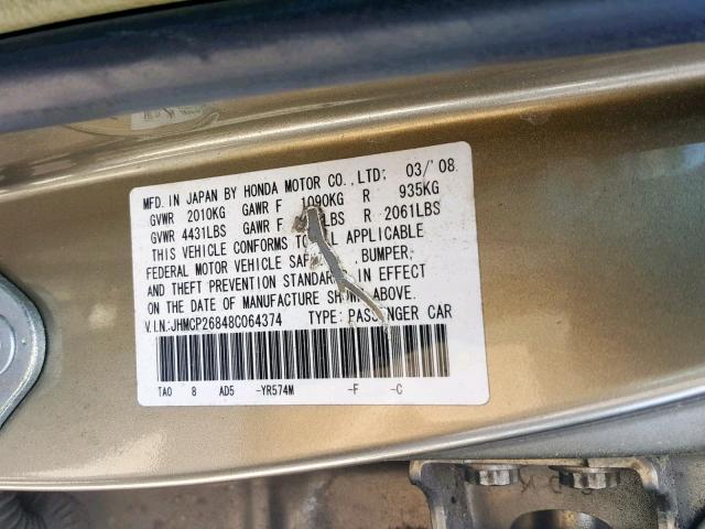 JHMCP26848C064374 - 2008 HONDA ACCORD EXL TAN photo 10