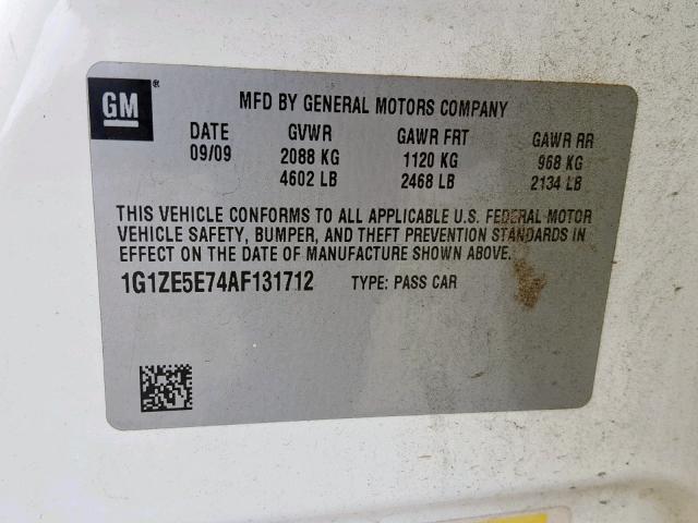 1G1ZE5E74AF131712 - 2010 CHEVROLET MALIBU LTZ თეთრი ფოტო 10