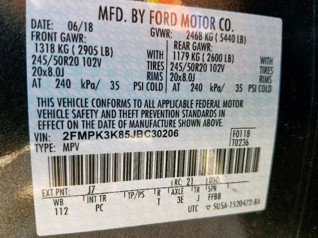 2FMPK3K85JBC30206 - 2018 FORD EDGE TITAN GRAY photo 10