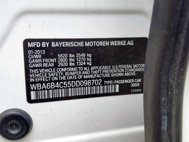 WBA6B4C55DD098702 - 2013 BMW 650 XI WHITE photo 10