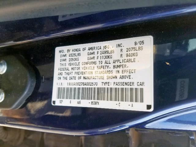 19UUA66276A002570 - 2006 ACURA 3.2TL BLUE photo 10