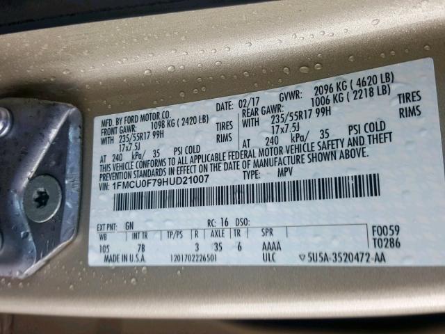 1FMCU0F79HUD21007 - 2017 FORD ESCAPE S TAN photo 10