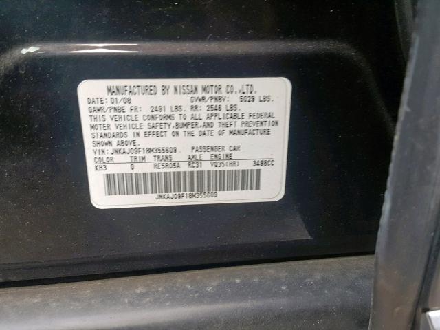 JNKAJ09F18M355609 - 2008 INFINITI EX35 BASE BLACK photo 10