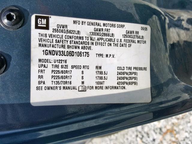 1GNDV33L06D106175 - 2006 CHEVROLET UPLANDER L 蓝色 照片 10