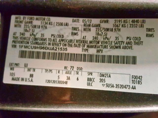 1FMCU9H96DUA21535 - 2013 FORD ESCAPE SEL GRAY photo 10