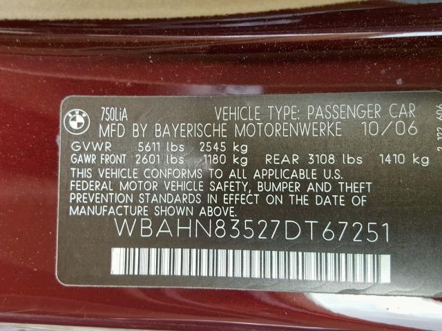 WBAHN83527DT67251 - 2007 BMW 750 BURGUNDY photo 10