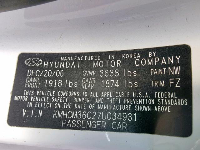 KMHCM36C27U034931 - 2007 HYUNDAI ACCENT GS WHITE photo 10