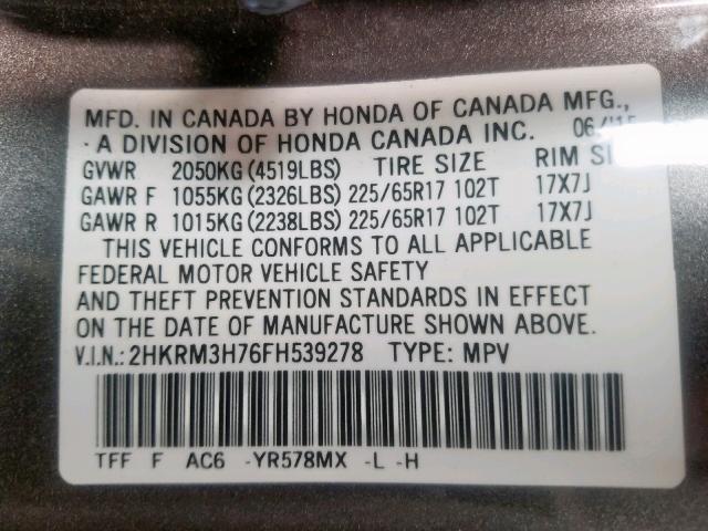 2HKRM3H76FH539278 - 2015 HONDA CR-V EXL GRAY photo 10