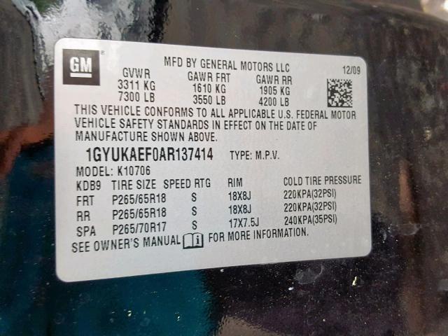 1GYUKAEF0AR137414 - 2010 CADILLAC ESCALADE BLACK photo 10