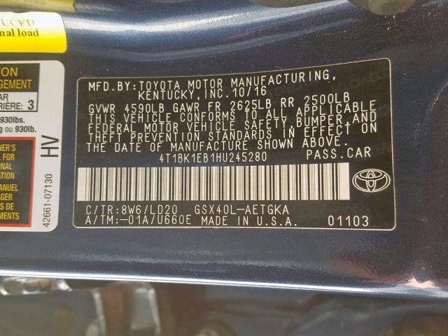 4T1BK1EB1HU245280 - 2017 TOYOTA AVALON XLE BLUE photo 10