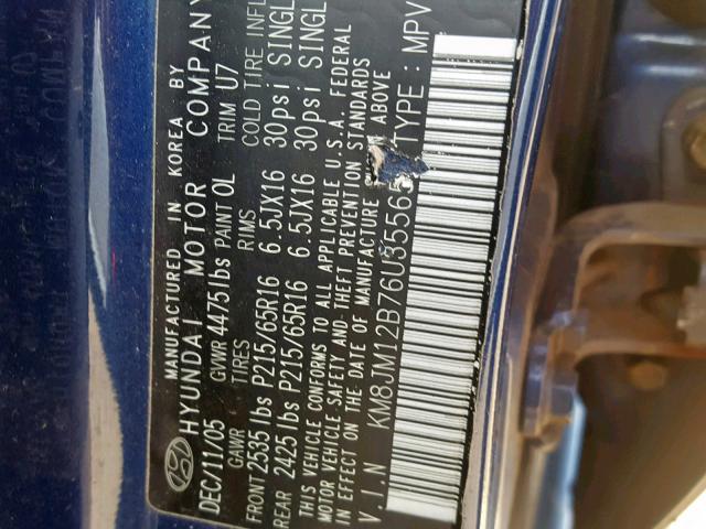 KM8JM12B76U355659 - 2006 HYUNDAI TUCSON GL BLUE photo 10