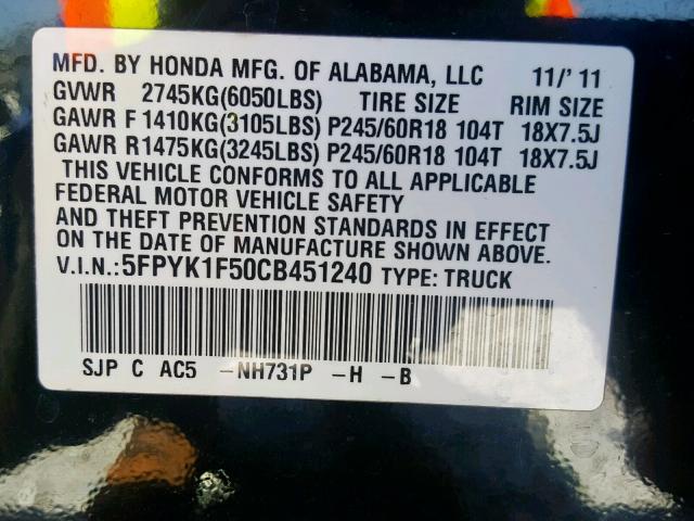 5FPYK1F50CB451240 - 2012 HONDA RIDGELINE BLACK photo 10