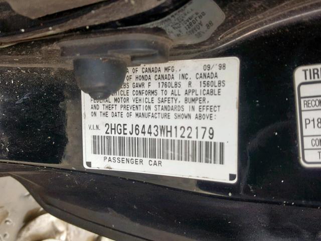 2HGEJ6443WH122179 - 1998 HONDA CIVIC DX BLACK photo 10