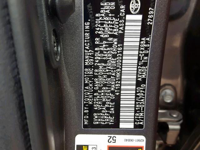 4T1B21HK9JU003161 - 2018 TOYOTA CAMRY HYBR GRAY photo 10