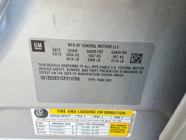 1G1ZC5E01CF310768 - 2012 CHEVROLET MALIBU 1LT SILVER photo 10