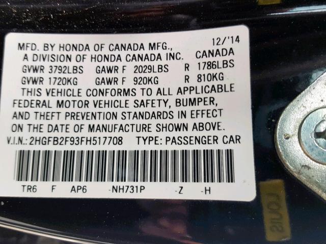 2HGFB2F93FH517708 - 2015 HONDA CIVIC EXL Qara foto 10