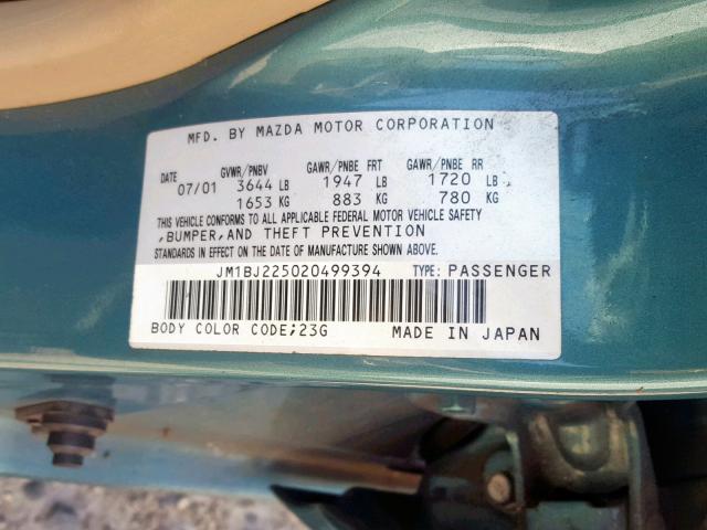 JM1BJ225020499394 - 2002 MAZDA PROTEGE DX TEAL photo 10