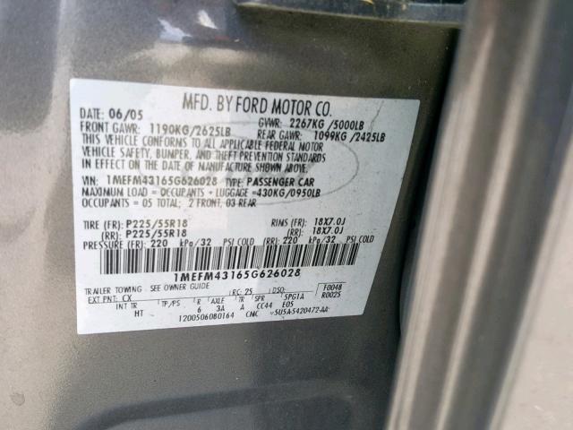 1MEFM43165G626028 - 2005 MERCURY MONTEGO PR 灰色 照片 10