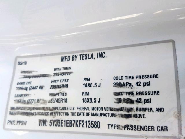 5YJ3E1EB7KF213580 - 2019 TESLA MODEL 3 WHITE photo 10