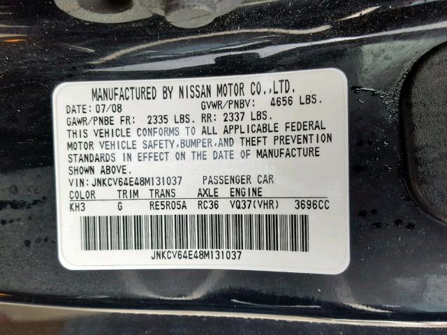 JNKCV64E48M131037 - 2008 INFINITI G37 BASE BLACK photo 10