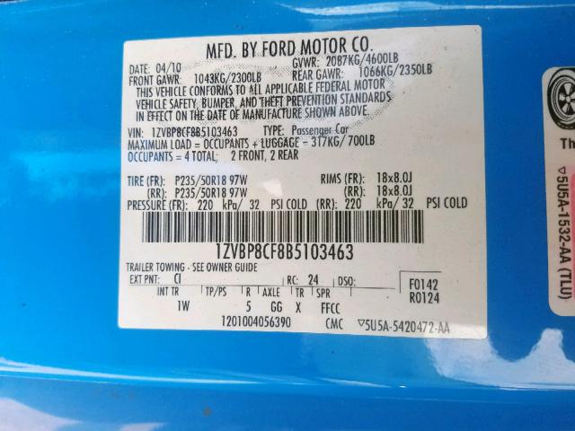 1ZVBP8CF8B5103463 - 2011 FORD MUSTANG GT BLUE photo 10