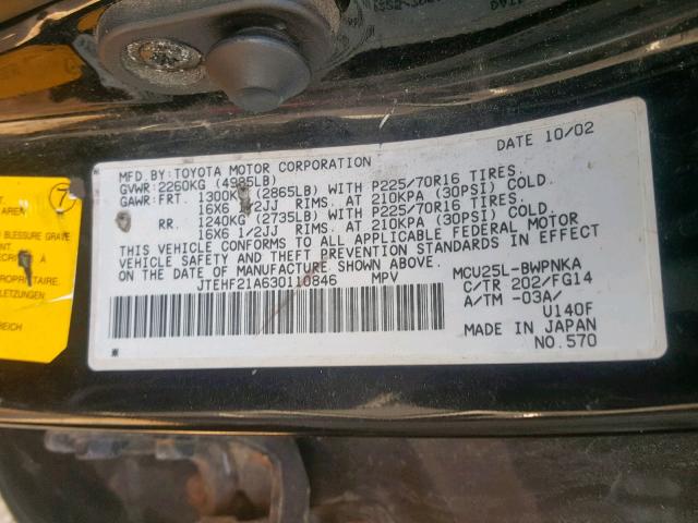 JTEHF21A630110846 - 2003 TOYOTA HIGHLANDER BLACK photo 10