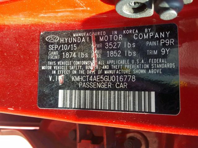 KMHCT4AE5GU016778 - 2016 HYUNDAI ACCENT SE RED photo 10