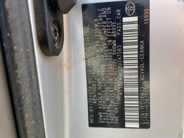 4T1BE46K28U247563 - 2008 TOYOTA CAMRY CE SILVER photo 10