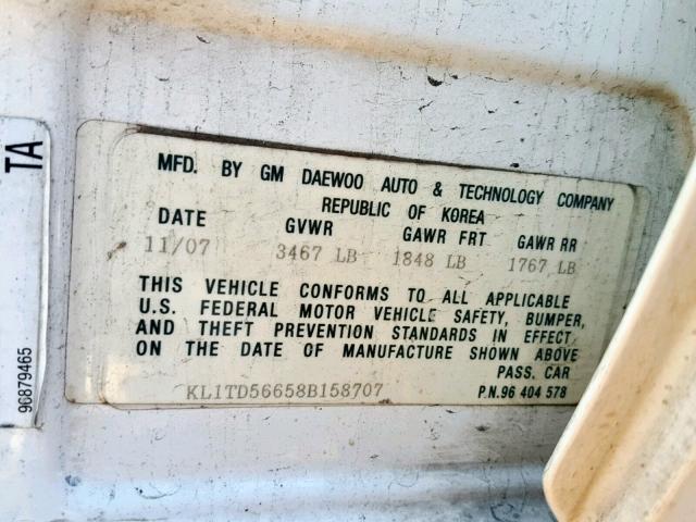 KL1TD56658B158707 - 2008 CHEVROLET AVEO BASE Ağ foto 10