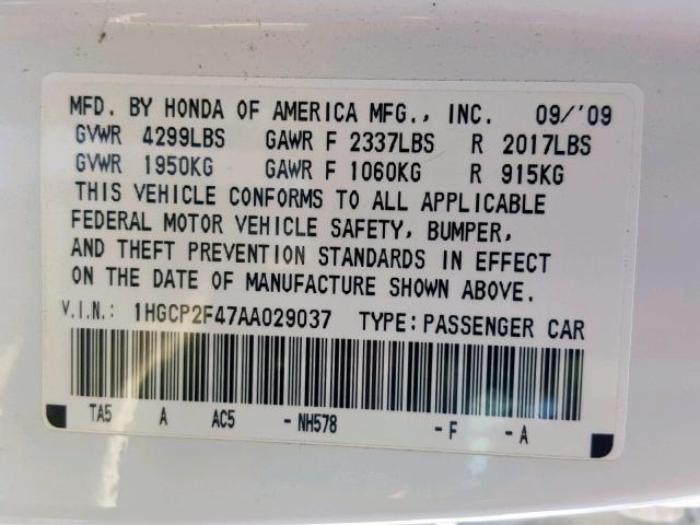 1HGCP2F47AA029037 - 2010 HONDA ACCORD LXP WHITE photo 10