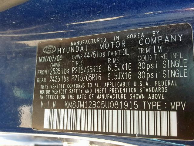 KM8JM12B05U081915 - 2005 HYUNDAI TUCSON GL BLUE photo 10