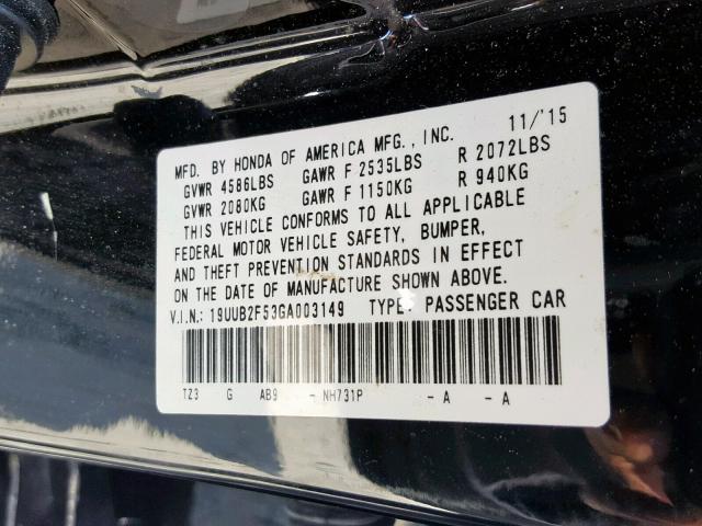19UUB2F53GA003149 - 2016 ACURA TLX TECH BLACK photo 10