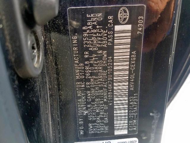 4T1BB46K79U105204 - 2009 TOYOTA CAMRY HYBR BLACK photo 10