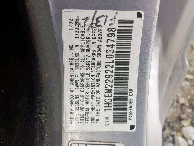 1HGEM22922L034798 - 2002 HONDA CIVIC EX SILVER photo 10