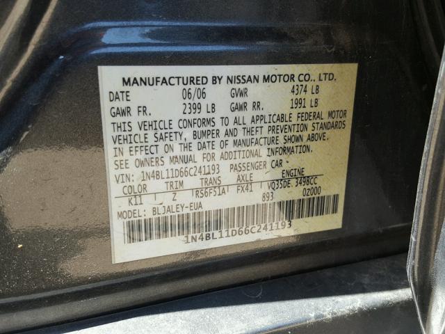 1N4BL11D66C241193 - 2006 NISSAN ALTIMA SE GRAY photo 10