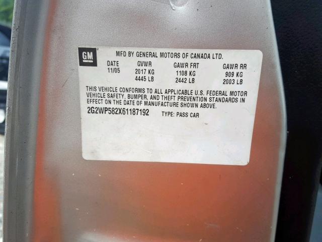 2G2WP582X61187192 - 2006 PONTIAC GRAND PRIX SILVER photo 10