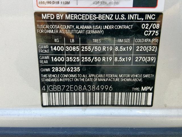 4JGBB72E08A384996 - 2008 MERCEDES-BENZ ML 550 SILVER photo 10