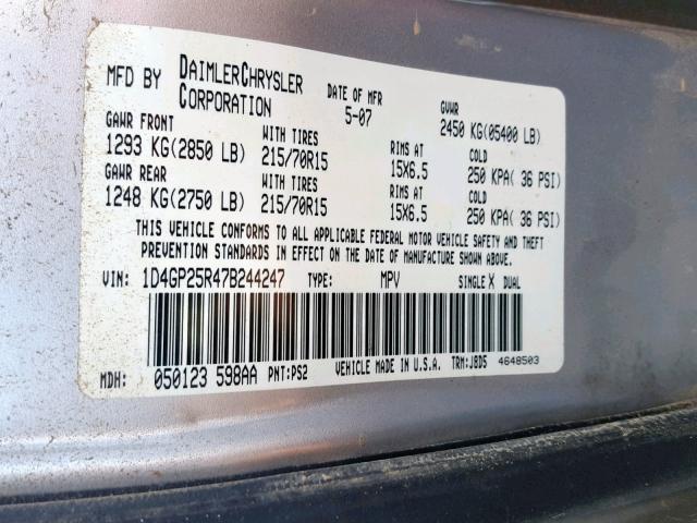 1D4GP25R47B244247 - 2007 DODGE CARAVAN SE SILVER photo 10