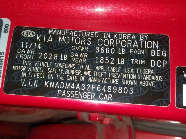 KNADM4A32F6489803 - 2015 KIA RIO LX RED photo 10