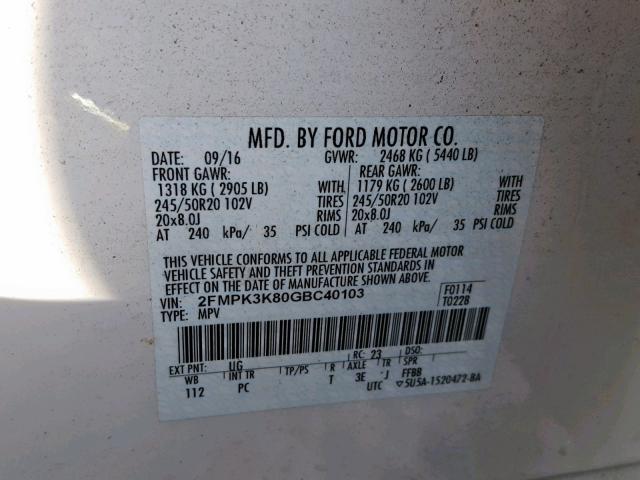 2FMPK3K80GBC40103 - 2016 FORD EDGE TITAN WHITE photo 10