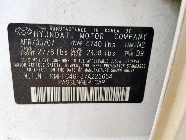 KMHFC46F37A223654 - 2007 HYUNDAI AZERA SE WHITE photo 10