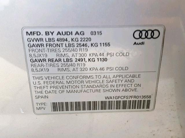 WA1GFCFS7FR013558 - 2015 AUDI Q3 PRESTIG SILVER photo 10