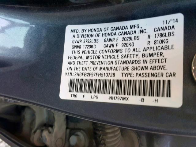 2HGFB2F97FH510728 - 2015 HONDA CIVIC EXL Grafit foto 10