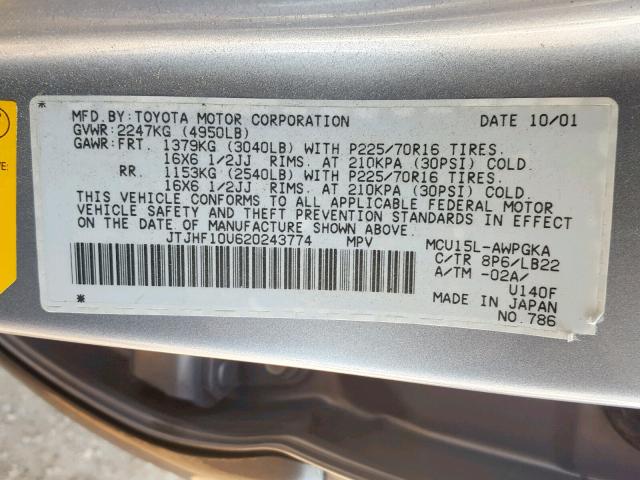 JTJHF10U620243774 - 2002 LEXUS RX 300 SILVER photo 10