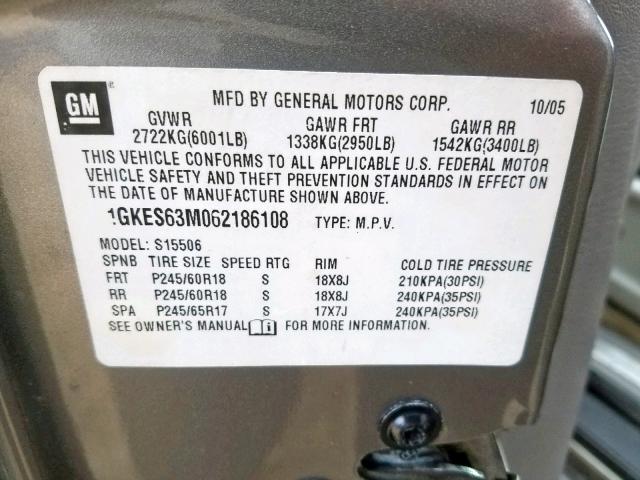 1GKES63M062186108 - 2006 GMC ENVOY DENA TAN photo 10