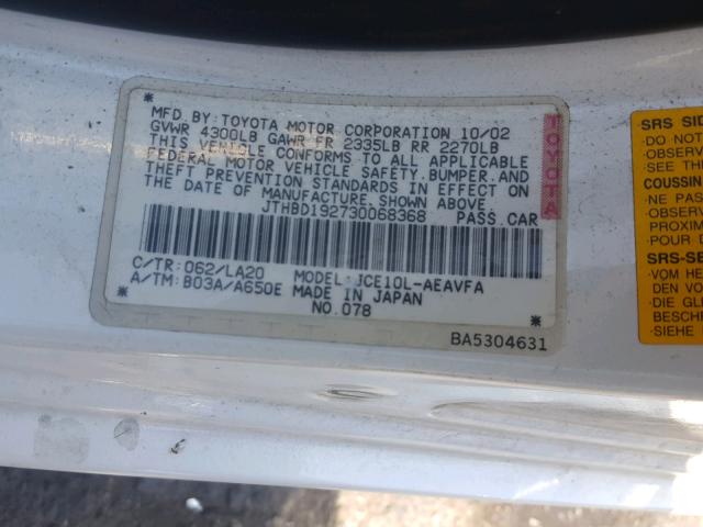 JTHBD192730068368 - 2003 LEXUS IS 300 WHITE photo 10