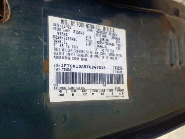 1FTCR10A5TUB47316 - 1996 FORD RANGER GREEN photo 10