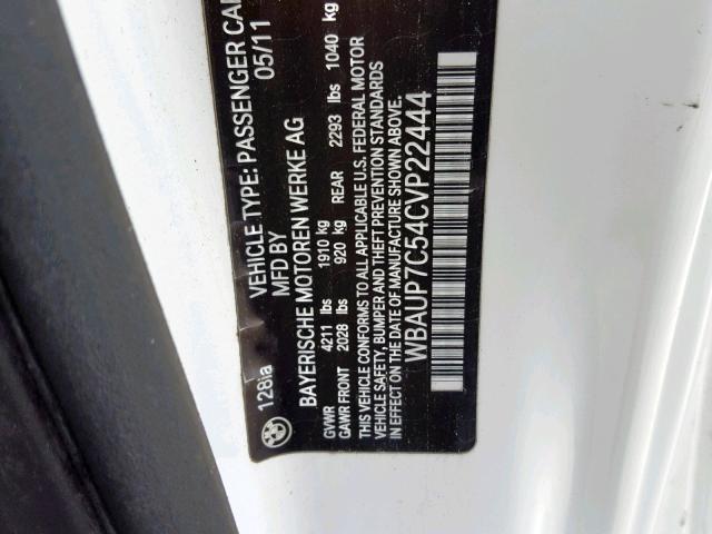 WBAUP7C54CVP22444 - 2012 BMW 128 I WHITE photo 10