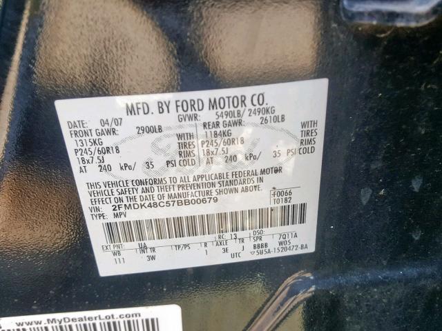 2FMDK48C57BB00679 - 2007 FORD EDGE SEL BLACK photo 10