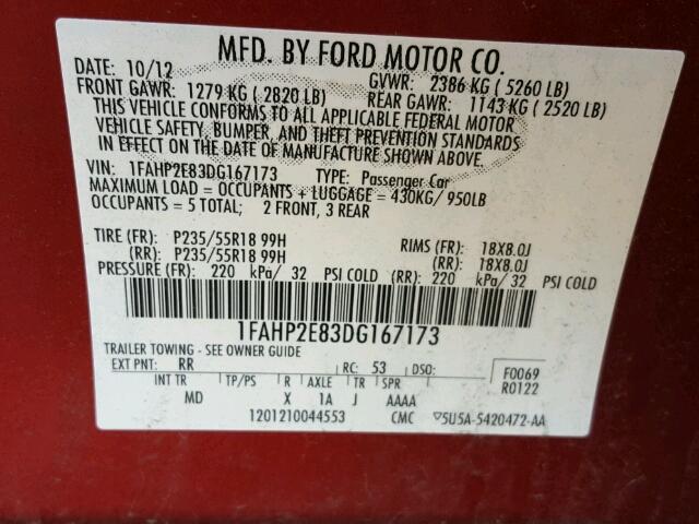 1FAHP2E83DG167173 - 2013 FORD TAURUS SEL RED photo 10